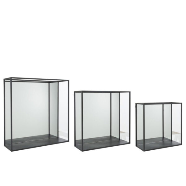 SET OF 3 WALL RACK MIRROR SQUARE METAL/GLASS BLACK