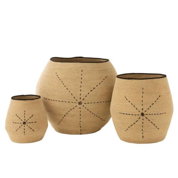 SET OF 3 BASKET STAR DOTTED LINES SEAGRASS NATURAL/BLACK