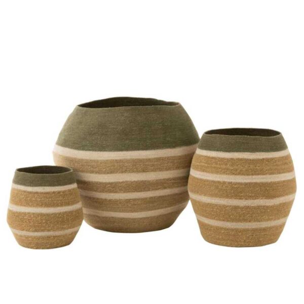 SET OF 3 BASKET STRIPES SEAGRASS GREEN/NATURAL