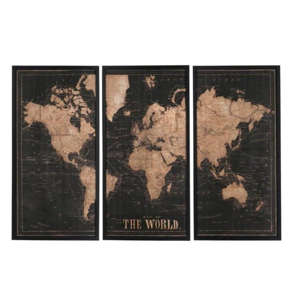 SET 3 FRAMES MAP WORLD WOOD BLACK/BROWN