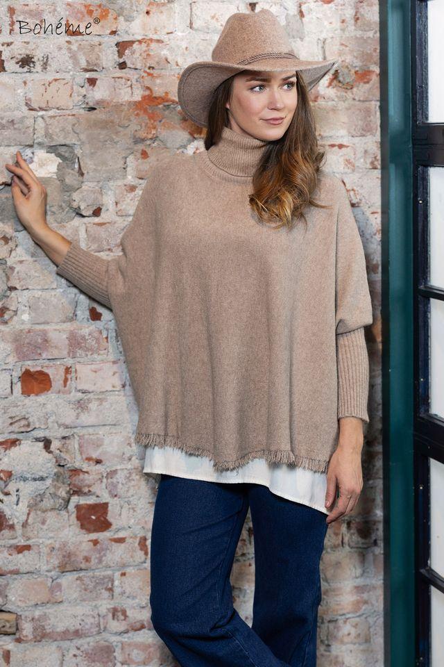 Boheme genser med frynser - sand